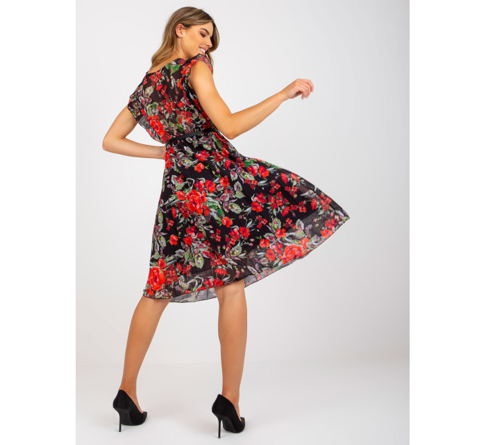 Černo-červené květinové řasené midi šaty