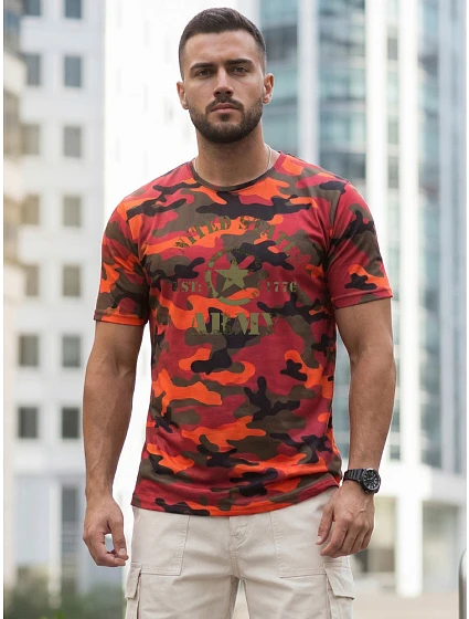 Pánské tričko s potiskem v kamuflážovém vzoru, oranžové, FashionStreet NX2002R Pánské tričko s potiskem v kamuflážovém vzoru, oranžové, FashionStreet NX2002R