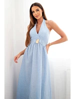 Dámské viskózové maxi šaty vázané u krku s ozdobnou sponou modrá Dámské viskózové maxi šaty vázané u krku s ozdobnou sponou modrá