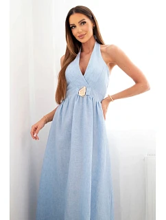 Dámské viskózové maxi šaty vázané u krku s ozdobnou sponou modrá
