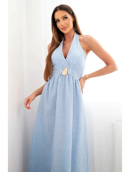 Dámské viskózové maxi šaty vázané u krku s ozdobnou sponou modrá Dámské viskózové maxi šaty vázané u krku s ozdobnou sponou modrá