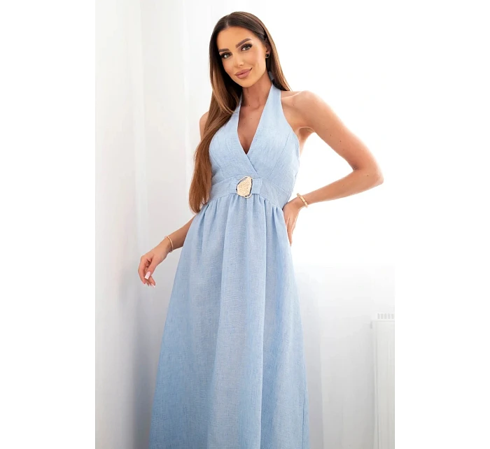 Dámské viskózové maxi šaty vázané u krku s ozdobnou sponou modrá Dámské viskózové maxi šaty vázané u krku s ozdobnou sponou modrá