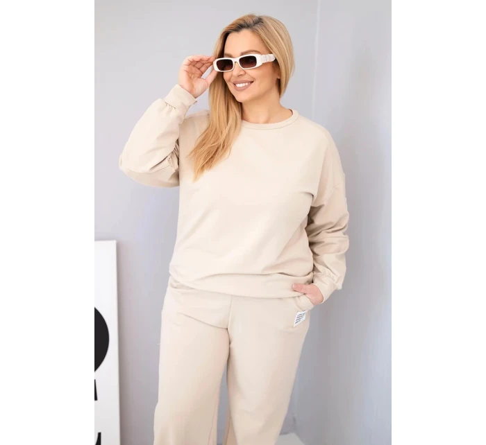 Dámský komplet Plus Size bavlněný s volnou mikinou a kalhotami s širokým nohavicí béžový