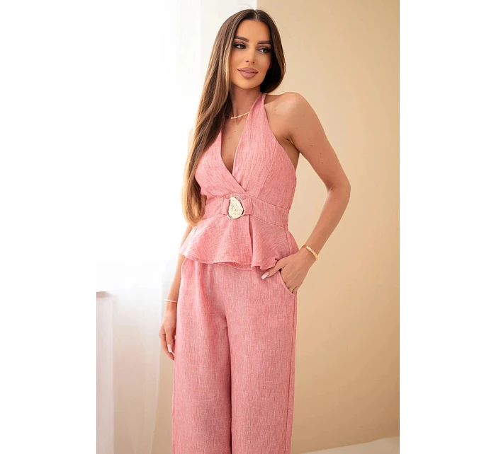 Dámský viskózový komplet top a kalhoty se širokou nohavicí tmavý pudrový model 22079425 - K-Fashion