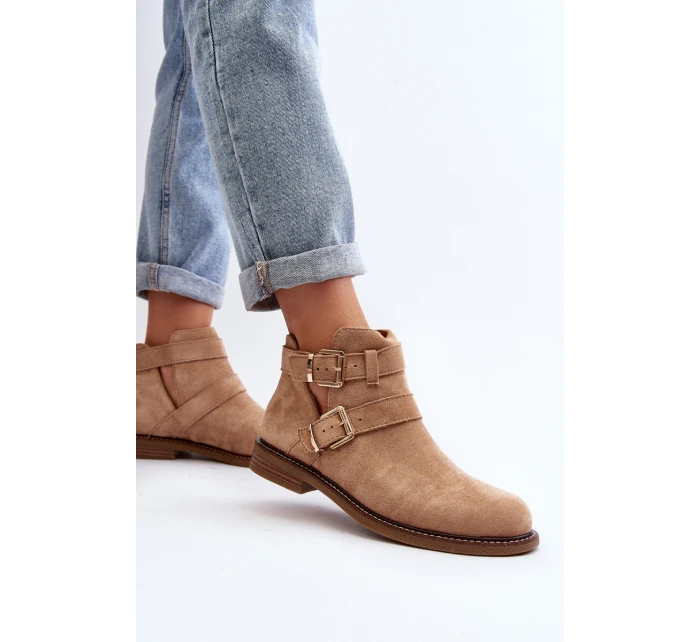 Dámské botky na plochém podpatku s pásky béžové model 21647703 - Boto Dámské botky na plochém podpatku s pásky béžové model 21647703 - Boto