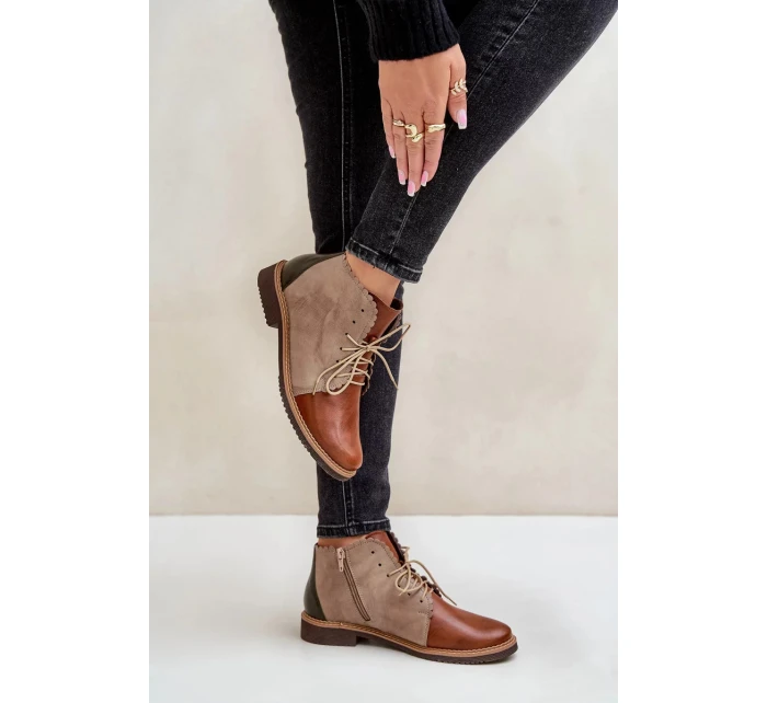 Zateplené Kožené Kotníkové Boty Na Ploché Podpatku Hnědé Moreto Zateplené Kožené Kotníkové Boty Na Ploché Podpatku Hnědé Moreto