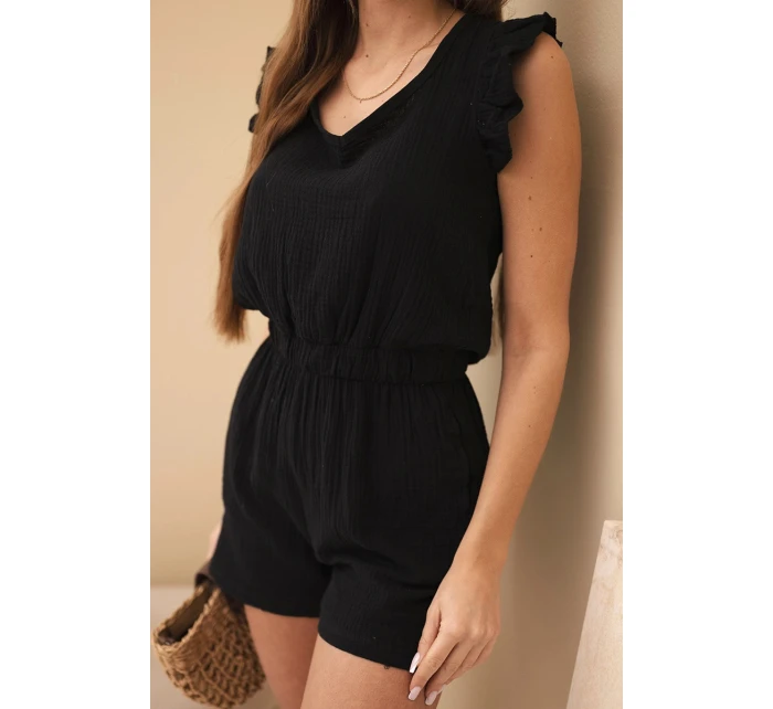 Dámský bavlněný overal bez rukávů s vázáním v pase ecru Dámský bavlněný overal bez rukávů s vázáním v pase ecru