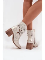 Dámské kotníky s otevřenou síťovinou z přírodní kůže na podpatku Zazoo 3690 zlaté popraskané