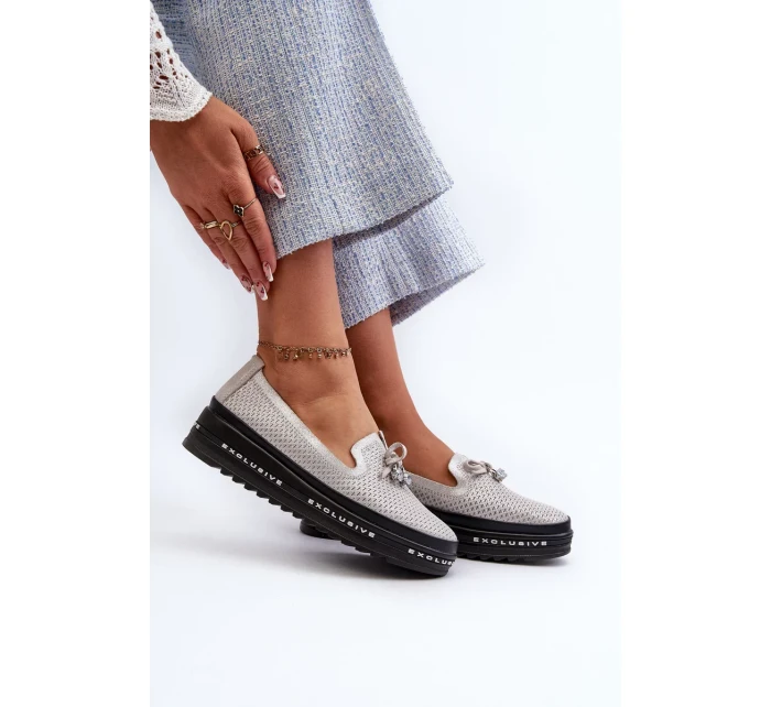 Lesklé dámské kožené mokasíny na platformě S.Barski Silver Lesklé dámské kožené mokasíny na platformě S.Barski Silver