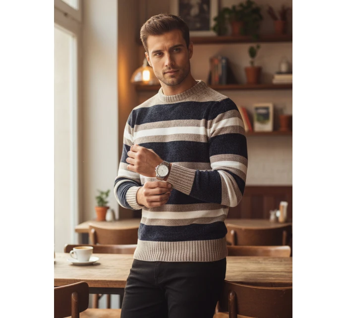 Pánský pruhovaný tmavě modrý svetr FashionStreet WX2263