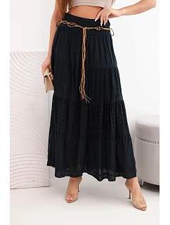 Dámská maxi bavlněná sukně s výšivkou a pásem černá model 22048767 - K-Fashion