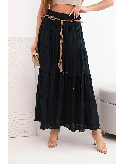 Dámská maxi bavlněná sukně s výšivkou a pásem černá model 22048767 - K-Fashion