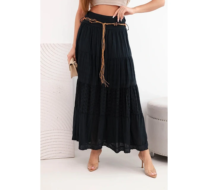 Dámská maxi bavlněná sukně s výšivkou a pásem černá model 22048767 - K-Fashion