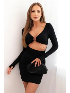 Dámské šaty s dlouhým rukávem a průstřihem v pase s ozdobným model 21086146 černý - K-Fashion