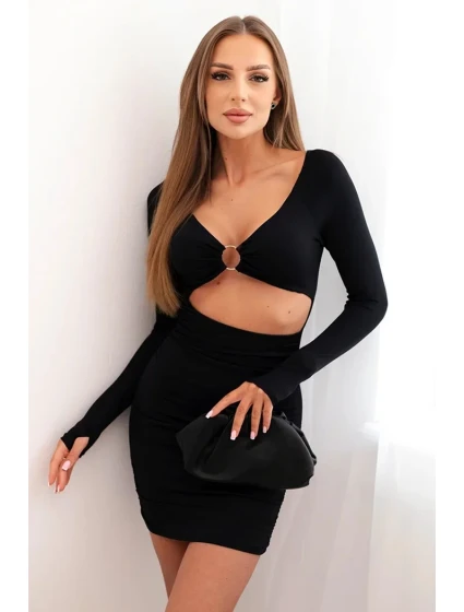 Dámské šaty s dlouhým rukávem a průstřihem v pase s ozdobným model 21086146 černý - K-Fashion