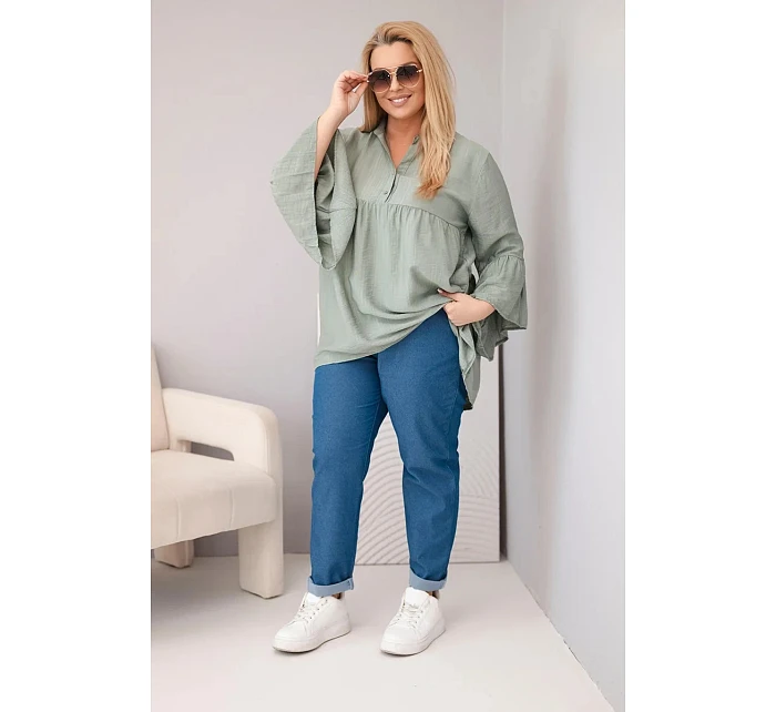 Dámská viskózová halenka Plus Size s volánovým rukávem a výstřihem do V khaki