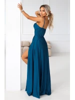 model 21848973 Dlouhé večerní šaty bez ramínek s rozparkem na nohou námořnické barvy - numoco basic