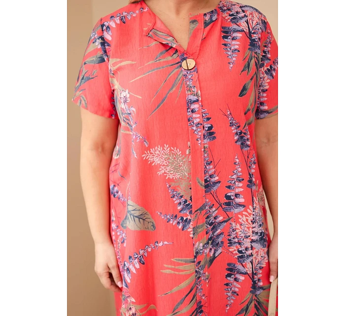 Dámské viskózové šaty Plus Size s krátkým rukávem a výstřihem na knoflíky malinová