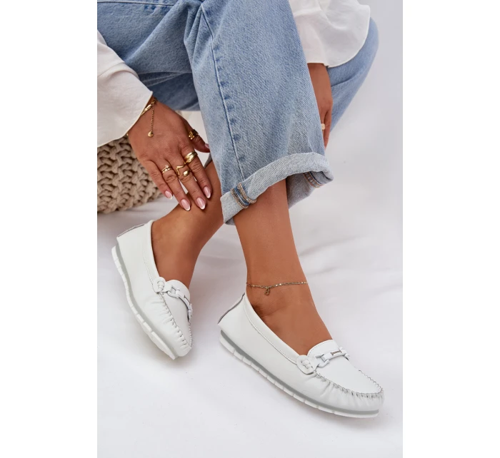 Plné Kožené Mokasíny S Dekorací model 21686028 Bílé - S.Barski Plné Kožené Mokasíny S Dekorací model 21686028 Bílé - S.Barski