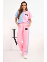 Dámský máslový komplet s oversize mikinou a širokými kalhotami světle růžová + modrá