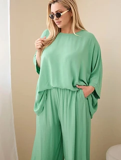Dámský komplet Plus Size z viskózy se širokými kalhotami a halenkou zelený