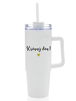 KRÁSNÝ DEN - bílý cestovní termohrnek s průhledným víčkem 900 ml