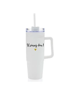 KRÁSNÝ DEN - bílý cestovní termohrnek s průhledným víčkem 900 ml