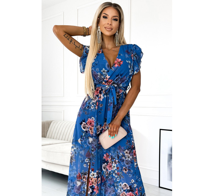 ARIA - Světle modré dlouhé květované dámské šaty s výstřihem a krátkými rukávy 473-1