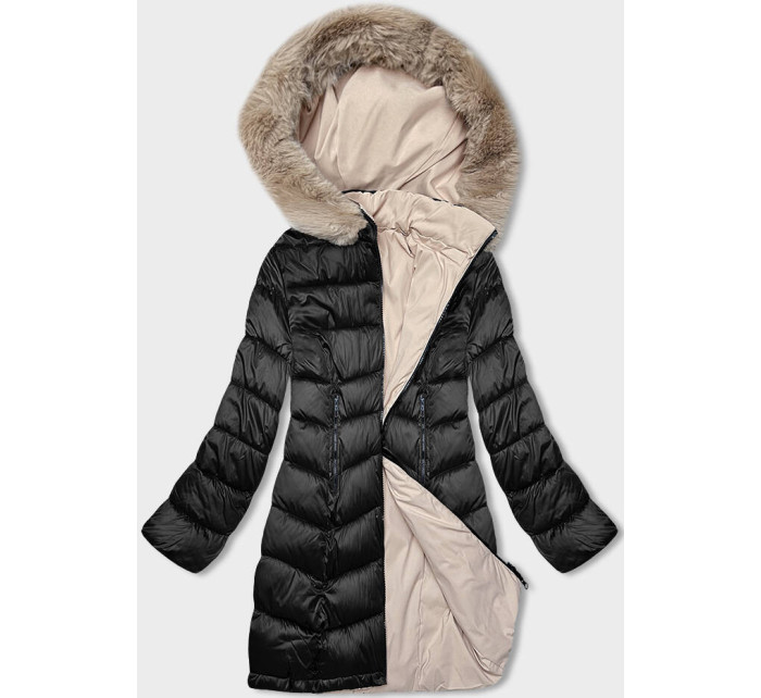 Černo-béžová oboustranná dámská zimní bunda s kapucí (B8203-1046)