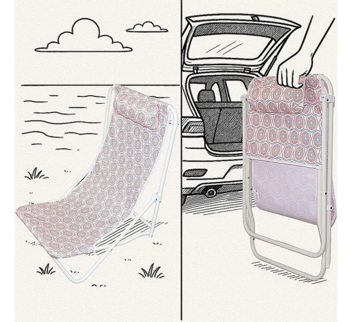 SKLÁDACÍ PLÁŽOVÉ LEHÁTKO S OPĚRKOU HLAVY MODRÉ A ORANŽOVÉ