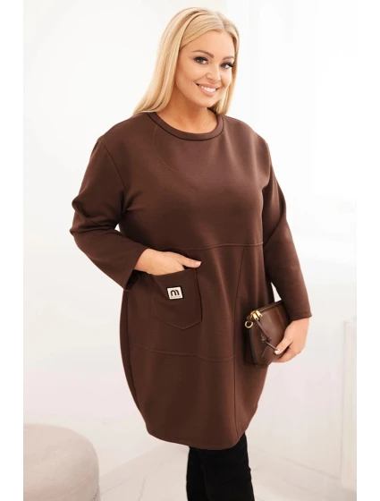Dámské šaty Plus Size máslo s kapsou a rukávem 3/4 hnědá