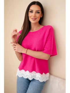 Dámský svetr s krátkým rukávem a krajkou fuchsie