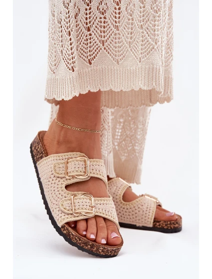 Háčkované dámské pantofle se zlatými přezkami béžové Fenira Háčkované dámské pantofle se zlatými přezkami béžové Fenira