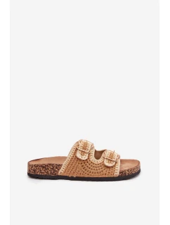 Dámské háčkované pantofle se zlatými přezkami – camel Fenira