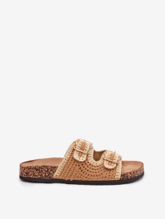 Dámské háčkované pantofle se zlatými přezkami – camel Fenira