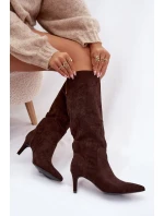 Dámské kozačky na jehlovém podpatku zateplené – čokoládové Arelisse Dámské kozačky na jehlovém podpatku zateplené – čokoládové Arelisse