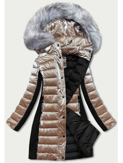 Béžová dámská zimní bunda z různých spojených materiálů (DK067-95)