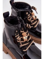 Zateplené dětské lakované kotníkové boty s přezkou medvěd černé Jovellea Zateplené dětské lakované kotníkové boty s přezkou medvěd černé Jovellea