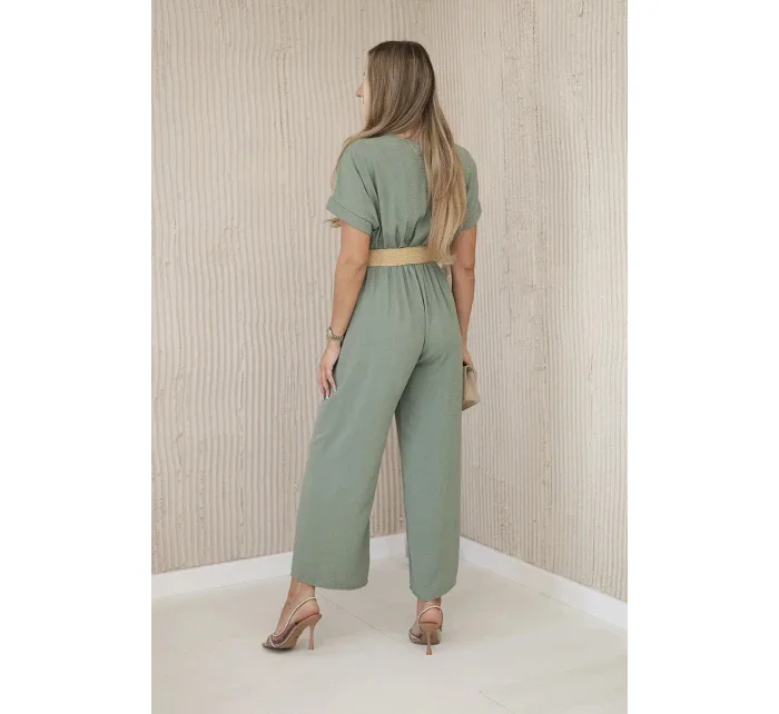 Kombinéza s ozdobným páskem v pase světlá khaki