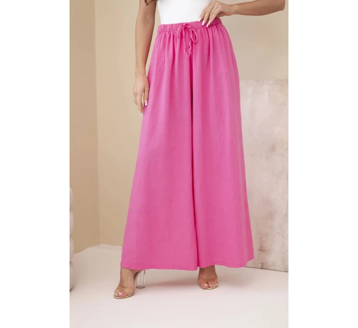 Dámské široké bavlněné kalhoty s gumou v pase růžové