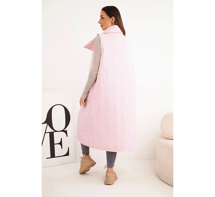 Dámská prošívaná dlouhá vesta s kapsami a stojáčkem bonbónově růžová