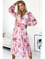 472-1 Szyfonowa sukienka midi z długim rękawkiem i dekoltem - jasno-różowe KWIATY na białym tle 472-1 Szyfonowa sukienka midi z długim rękawkiem i dekoltem - jasno-różowe KWIATY na białym tle