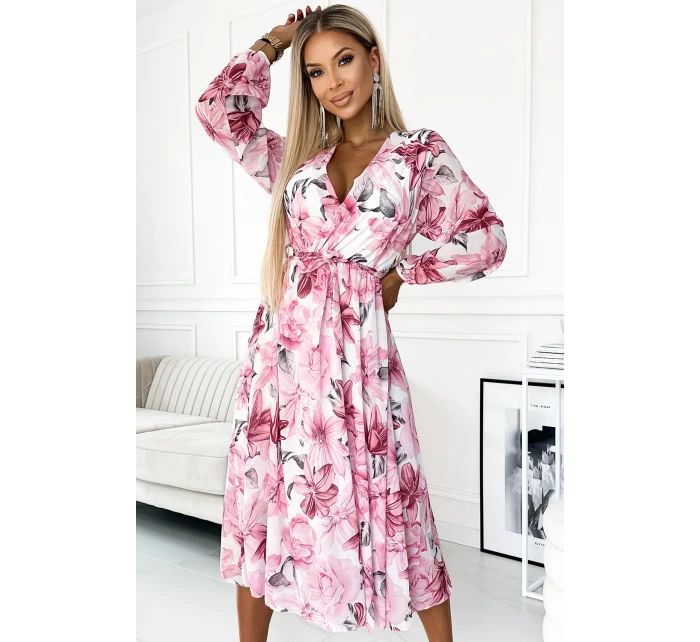 472-1 Szyfonowa sukienka midi z długim rękawkiem i dekoltem - jasno-różowe KWIATY na białym tle 472-1 Szyfonowa sukienka midi z długim rękawkiem i dekoltem - jasno-różowe KWIATY na białym tle