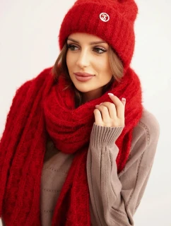 Dámská souprava čepice a šálu s proužkem a ozdobou červená