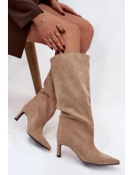 Dámské kozačky z eko semiše nazouvací na jehlovém podpatku béžové Phelin Dámské kozačky z eko semiše nazouvací na jehlovém podpatku béžové Phelin