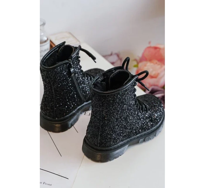 Dětské třpytivé zateplené kotníkové boty na zip, černá Saussa