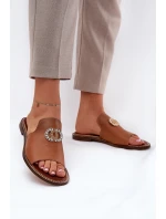 Elegantní Dámské Kožené Pantofle S Dekorací Zazoo 3008 Camel