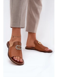 Elegantní Dámské Kožené Pantofle S Dekorací Zazoo 3008 Camel