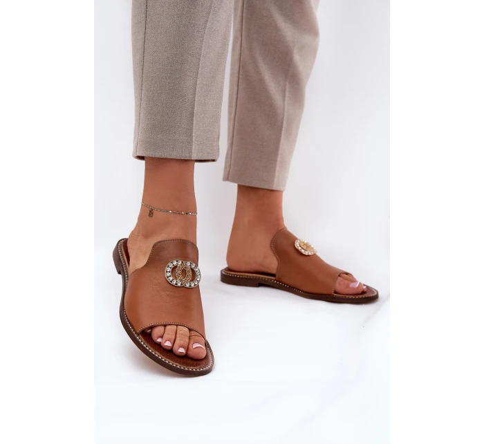 Elegantní Dámské Kožené Pantofle S Dekorací Zazoo 3008 Camel