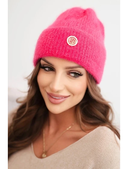 Dámská zimní čepice huňatá s ozdobným knoflíkem růžová neon